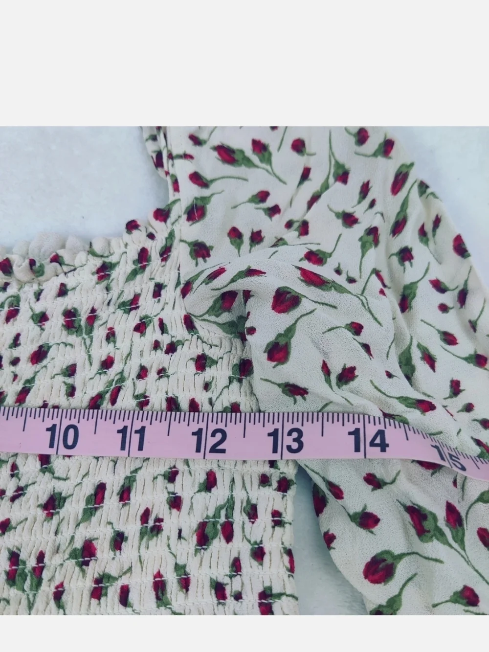 Reformation Cream Smocked Crop Top with Pink Floral Tulip Print - Picture 4 of 6